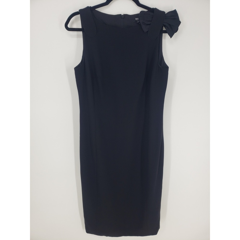 Worth New York Bow Shoulder Sheath Dress 8 Black Wool Silk Sleeveless Cocktail